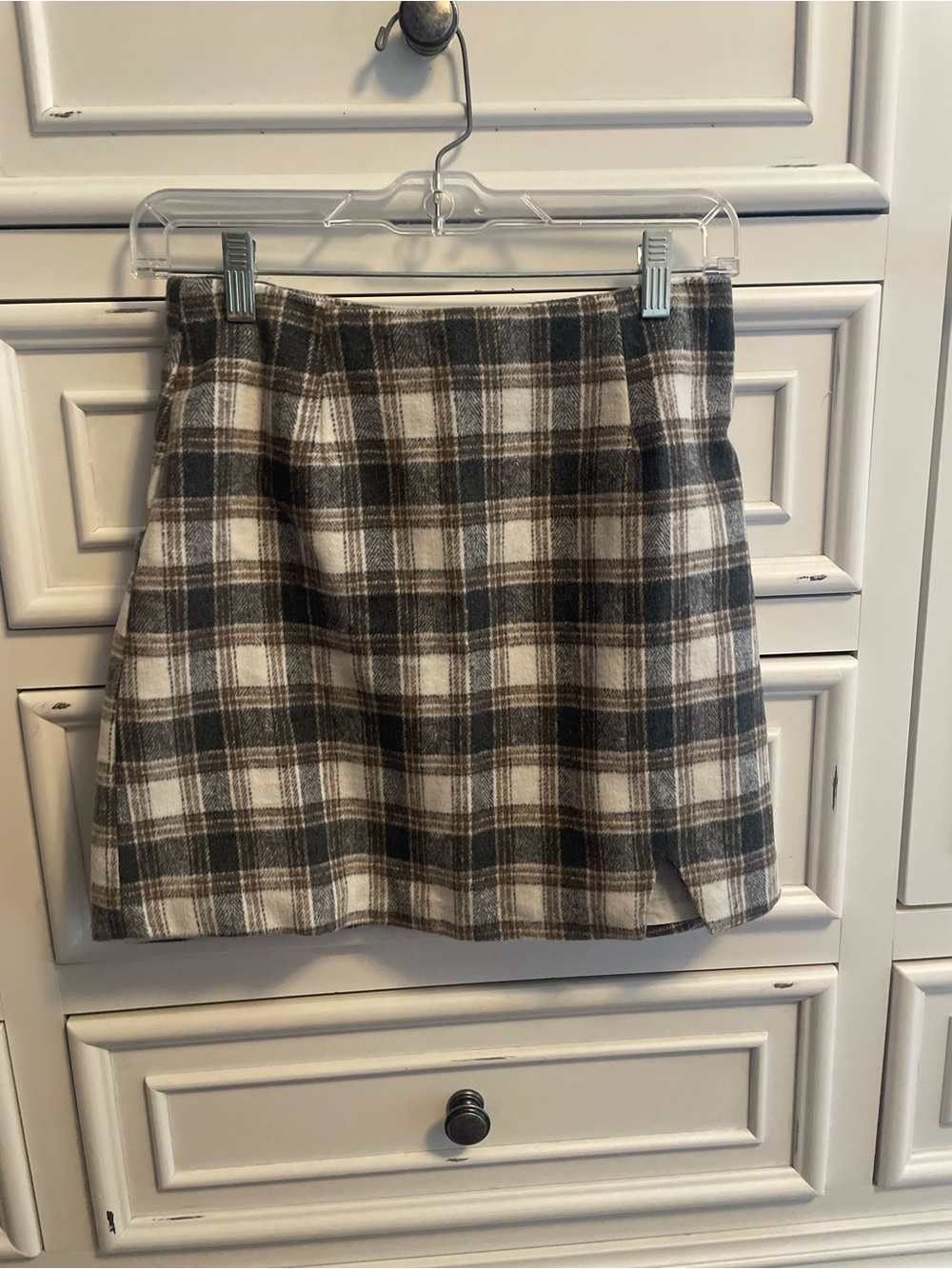 Plaid Mini Skirt in Ivory and Brown. Worn Once
